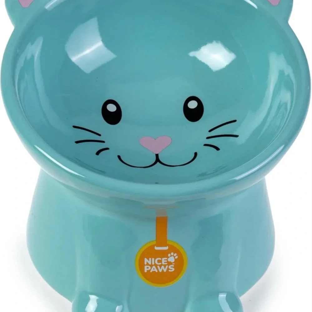 Teal Cat Ceramic Pet Bowl - Cute Heart Nose Design Elevated new